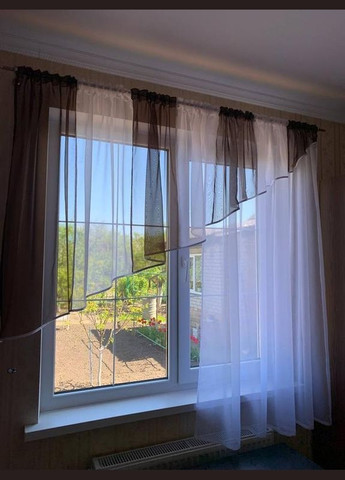 Готовый асимметричный тюль, короткий тюль, гардина на маленькое окно на кухню, гостиную, спальню, детскую. Цвет белый, коричневый Hanna (316680155)