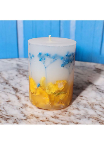 Свічка ручної роботи декоративна свічка ароматизована з гілочками блакитної гіпсофіли та жовтої троянди 35 годин горіння Handmade Studio - AV (371797817)