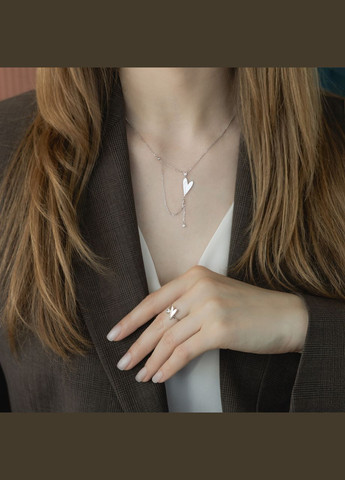 Срібна каблучка незамкнена подовжене Сердце та один білий фіаніт Каштан (342335421)