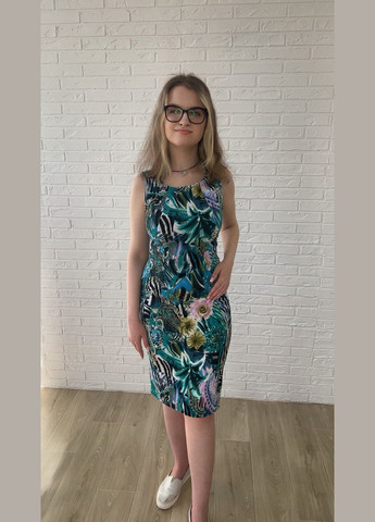 Темно-зелена повсякденний, кежуал темно-зелене лляне стрейчеве літнє жіноче плаття-футляр міді з ліліями з рожевими трояндами сукня-майка, футляр No Brand з квітковим принтом