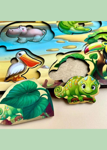 Дерев'яна настільна гра "А де звірі?" Ubumblebees (ПСД175) PSD175 сортер-вкладиш No Brand (330603064)