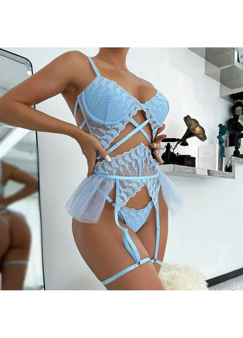 Голубой демисезонный кружевный голубой комплект с поясом. сексуальный кружевной комплект белья с поясом для чулок лиф на голубой косточках No Brand