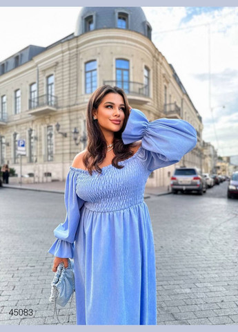 Голубое повседневный платье миди с открытыми плечами с открытыми плечами Liton