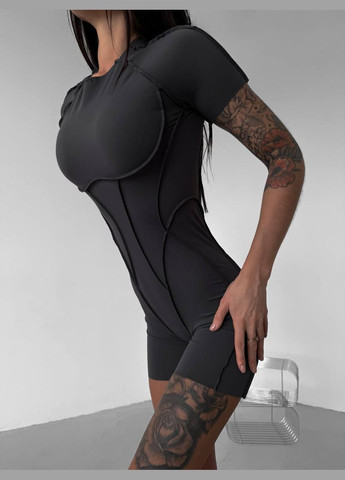 Спортивный комбинезон (короткий) «с имитацией корсета» с чашками и без пуш-ап, темно-серого цвета, размер S Trends комбинезон-шорты однотонный тёмно-серый спортивный