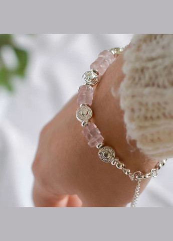 Браслет натуральний Рожевий Кварц + вставки, фур-ра гіп-ний сплав колір срібло d-7мм+- L-19-24см No Brand Браслет (302678888)