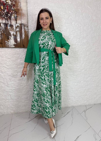 Женский комплект с платьем из софта и льняным жакетом с поясом Україна (325701914)