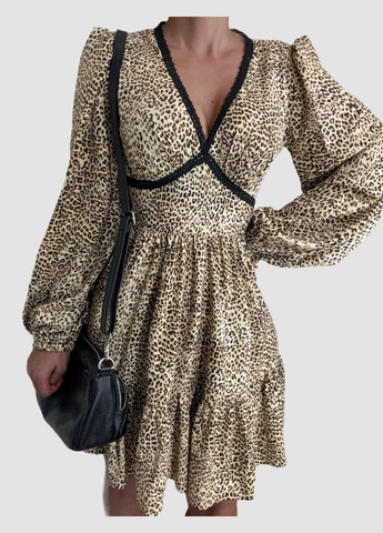 Комбінована красива літня сукня з довгим рукавом у трендовому леопардовому кольорі з якісного софту, вечірня коротка сукня No Brand