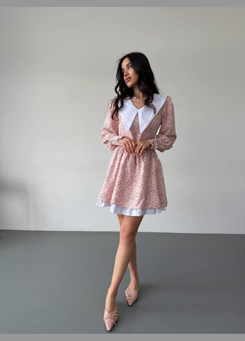 Пудровое повседневный платье мини с отложным воротником и объемными рукавами клеш MonCher с цветочным принтом