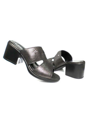 Серебряные шлепанцы женские кожаные на каблуках 6см. Lonza