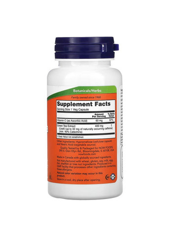 Натуральная добавка Green Tea Extract 400 mg, 100 вегакапсул Now (294927137)