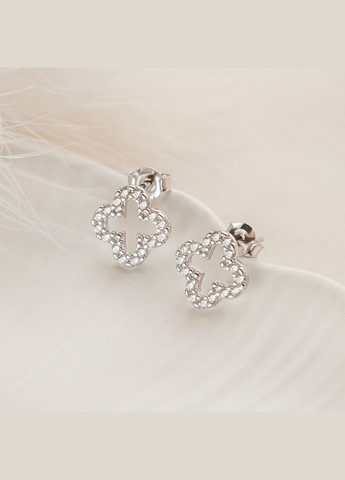 Оригінальні сережки зі срібла пусети Клевер з маленькими білими фіанітами Каштан (342335585)