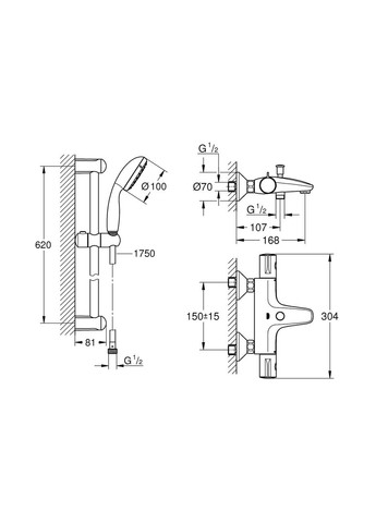 Смеситель для ванны Grohtherm 800 34567000 с душевым гарнитуром 27853001 (34567001) Grohe (368578528)
