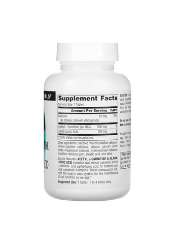 Жироспалювач Acetyl L-Carnitine & Alpha-Lipoic Acid 650mg - 60 tabs Source Naturals (306462055)