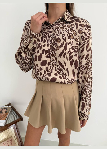 Бежевая праздничный, коктейльный, карнавальный, кэжуал, вечерний рубашка леопардовый No Brand с длинным рукавом