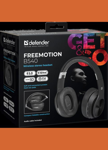 Навушники бездротові FreeMotion B540, Black, Bluetooth, мікрофон, microSD, FM-приймач, до 12 години (63540) Defender (322537979)