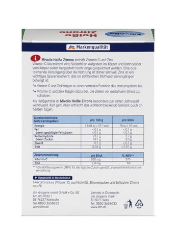 Лимонний чай для імунітету з вітаміном С та цинком Heißgetränk Heiße Zitrone, Portionssticks 20 St., 100 g Mivolis (366569633)