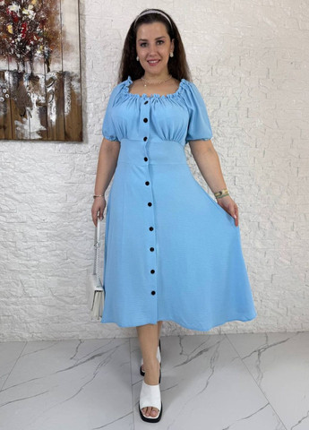Блакитна повсякденний вишукана легка літня повсякденна міді сукня на гудзиках з короткими рукавами ліхтарик Україна однотонна