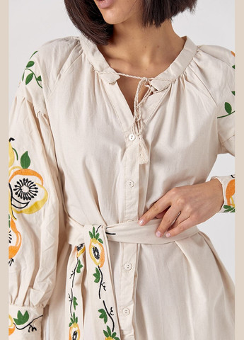 Бежевое вышитое хлопковое платье на пуговицах Lurex