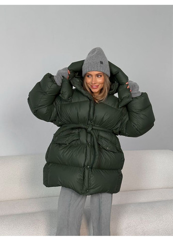 Оливкова зимня жіноча куртка transformer подовжена з кишенями і капюшоном (mil589) milirud