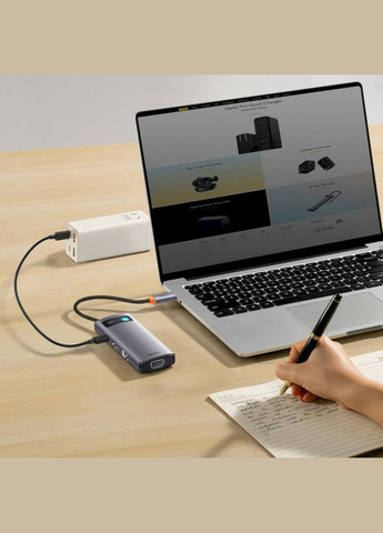 USBHub Metal Gleam Series 7-in-1 Multifunctional Type-C HUB Docking Station Gray (Type-C to HDMI*1+USB3.0*3+PD*1+VGA*1+RJ45*1) Baseus (302734298)