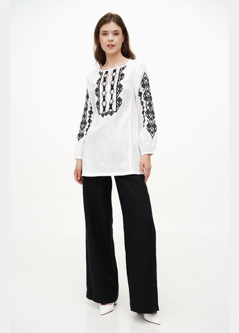 Біла жіноча лляна вишиванка з мереживом та геометричним орнаментом гойра., р., код 9354/50/147 ГАЛЕРЕЯ ЛЬОНУ