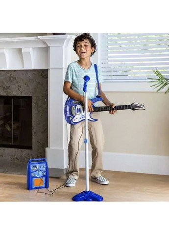 Дитячий набір електрогітара з мікрофоном підсилювачем MP3 входом миготливими вогнями роботою від батарейок (480352-Prob) Синя Unbranded (334058381)