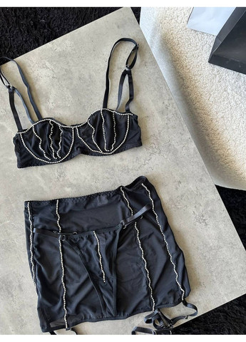 Чорний балконет комплект жіночого білизни | з спідницею та ремінцями, чорний Vital-Textile без кісточок поліестер, еластан