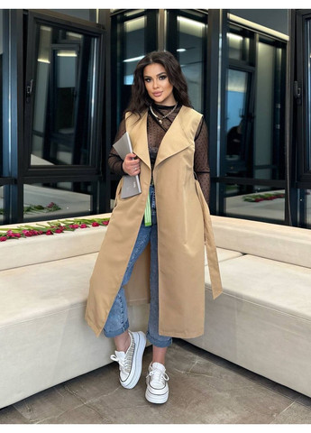 Бежеве демісезонне Пальто тренч двійка:жилет +куртка балеро,котон тренч,з поясом на ґудзиках Україна
