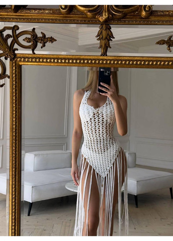 Женская белая вязаная туника с бахромой / Женская пляжная ажурная топ-сетка / Женская летняя крючковая туника с длинной бахромой б No Brand (369369846)