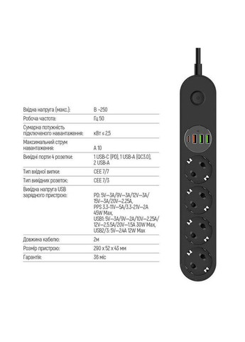 Фильтр питания CW-CHE44PDB 4 розетки, 4USB (Type-C PD20W + 3USB QC3.0) (45W), 2м, Black Colorway (336958752)