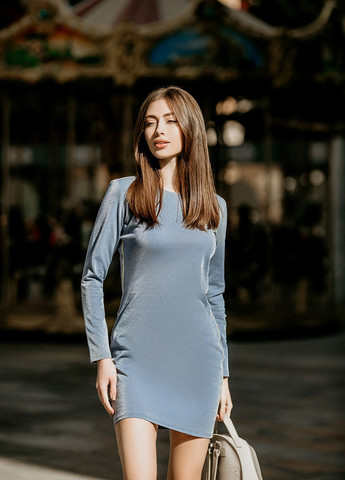 Голубое кэжуал платье с добавлением люрексовой нити ORA однотонное