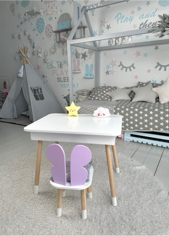 Детский столик белый и стульчик фиолетовая бабочка. Столик с нишей для карандашей и раскрасок No Brand (361259121)