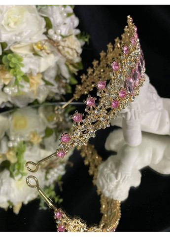 Диадема на петлях с камнями Swarovski Золотистая 15х5 см. Диадема с розовыми кристаллами. No Brand (369162705)