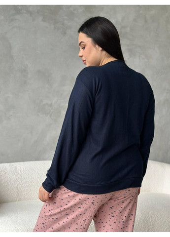 Комбинированная женская пижама plus size темно-синяя с розовыми брюками, мягкий трикотаж / пижама большого размера с принтом звездочки, длинный рукав No Brand