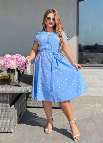 Блакитна повсякденний, кежуал сукня літня з поясом з софту міді довжини дзвін, кльош, сукня-сорочка No Brand сердечка