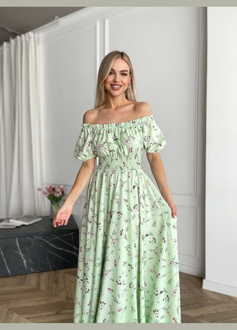 Фісташкова повсякденний, вечірня, кежуал жіноча сукня з відкритими плечима Style Point з квітковим принтом