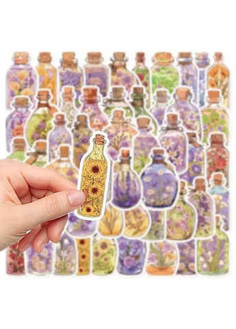 Наклейки стикеры, набор наклейок 50 штук, наклейки стикеры для скрапбукинга, блокнотов, телефона и прочего, Цветочные Бутылочки No Brand (370290267)