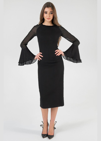 Черное деловое, коктейльное, вечернее элегантное платье-футляр с рукавами-клёш футляр Nai Lu-na by Anastasiia Ivanova однотонное
