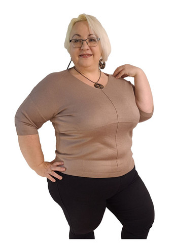 Пуловер-американка жіночий однотонний з рукавом 3/4, розмір батал у кольорі мокко No Brand (360894845)