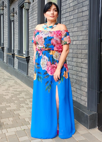 Синя повсякденний, кежуал сукня з відкритими плечима Moda Italia з квітковим принтом