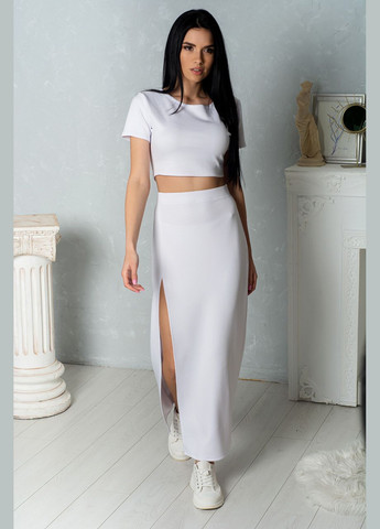 Белая офисная женская трикотажная юбка макси с разрезом на правой ноге, однотонная. No Brand
