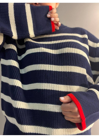 Темно-синий демисезонный свитер женский 6635 полоска оверсайз удлиненный свободный крой MIX RAY