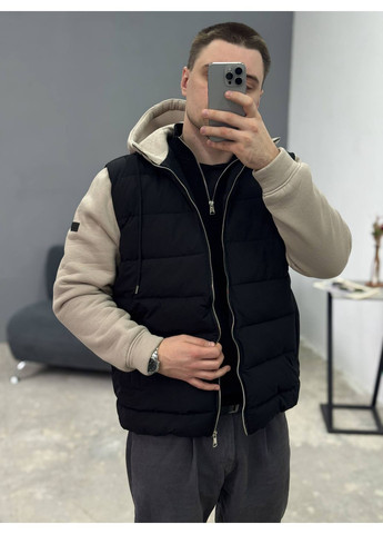 Бежева демісезонна куртка з трикотажними рукавами та капюшоном Україна