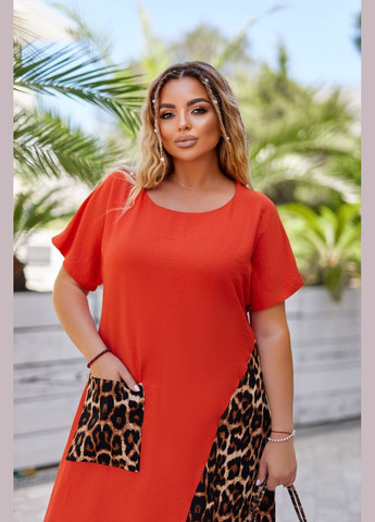 Оранжевое повседневный, кэжуал женское платье больших размеров Style Point леопардовый