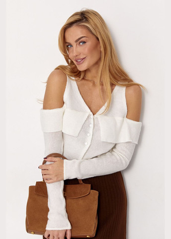 Молочный зимний женский вязаный пуловер с открытыми плечами - темно-зеленый Lurex