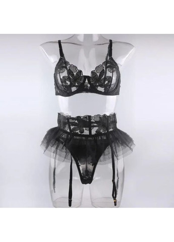 Чорний демісезонний мереживний вишуканий комплект нижньої білизни фея в сітку з квітковим принтом, жіночий набір No Brand нижньої білизни ФЕЯ чорний