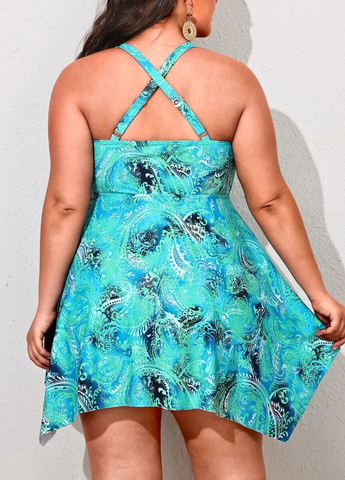 Блакитний літній жіночий купальник-сукня hanna nikole tankini plus size з коригуючим ефектом (8179) роздільний, танкіні FS