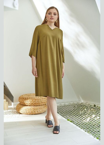 Оливковое платье с v-образным вырезом из штапеля оливковое Vovk