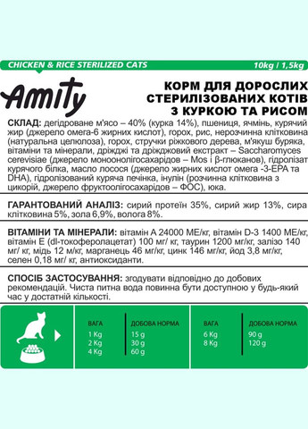 Сухий корм для котів для стерилізованих з куркою 10 кг (8436538948958) AMITY (307981140)