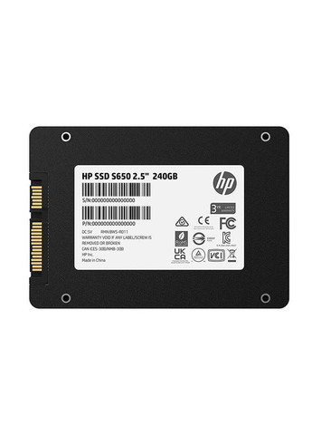 Твердотільний накопичувач 240Gb, HP S650, SATA3, 2.5", 3D TLC, 560/480MB/s (345M8AA) Hewlett Packard (314749361)